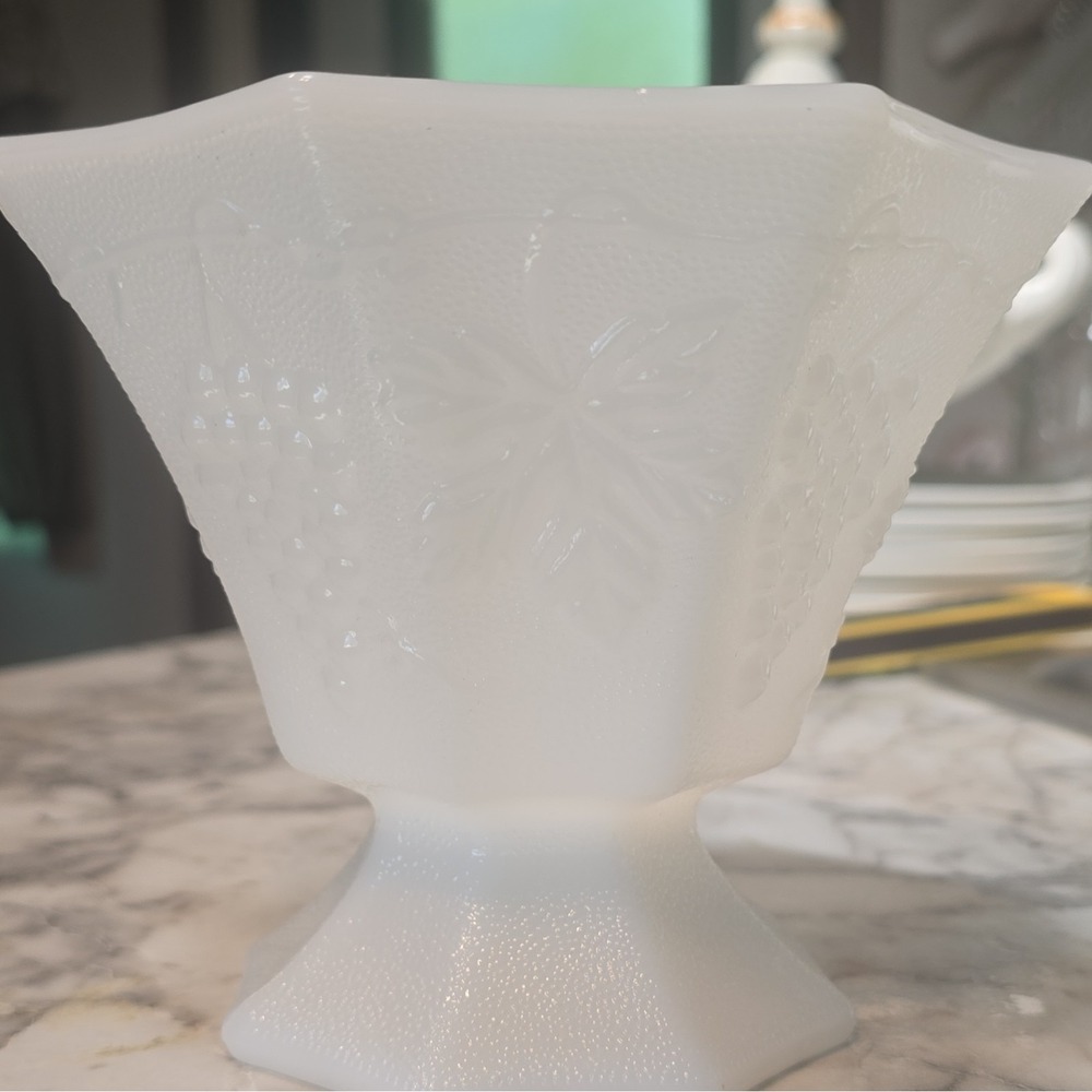 Vintage Anchor Hocking White Milk Glass Harvest Pattern Hexagon Candy Dish